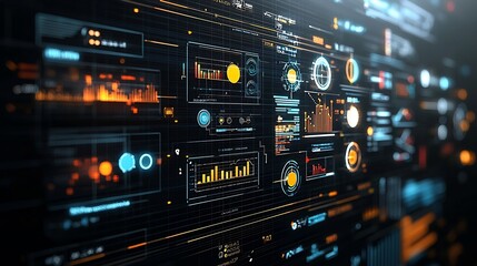 Poster - Silhouettes of people observing a complex digital network with interactive 3D graphs business nodes and floating data analysis tools