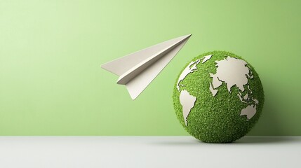 Poster - A paper airplane elegantly gliding around a large green globe symbolizing environmental sustainability and the potential of clean technology to drive innovation and progress for a brighter future