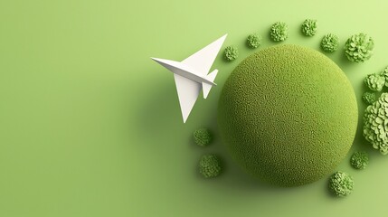 Poster - Paper airplane orbiting a green planet representing eco friendly energy and sustainable technology solutions for the future  Conceptual of innovation and creativity for a clean renewable