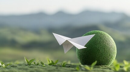 Leinwandbilder - Eco Friendly Paper Airplane Orbiting Sustainable Green Planet Symbolizing Future Technology and Clean Energy Solutions for a More Sustainable World