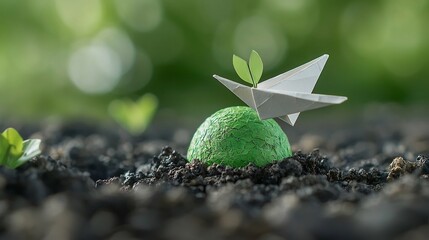 Poster - Close up view of a paper plane orbiting a green lush planet Earth showcasing the concepts of alternative energy sources and environmental sustainability for a cleaner greener future