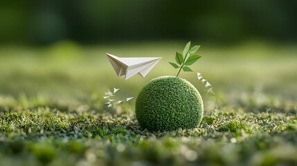 Aufkleber - Close up view of a paper airplane gracefully circling a green earth symbolizing renewable energy solutions and concepts for a sustainable future on our planet