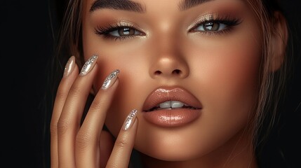 Wall Mural - close-up portrait of a young woman with beautiful skin and glamorous makeup, highlighting graceful f