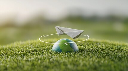 Aufkleber - Closeup view of a paper airplane gently circling a lush green earth highlighting the concepts of renewable energy sustainable development and a hopeful vision for a cleaner greener future