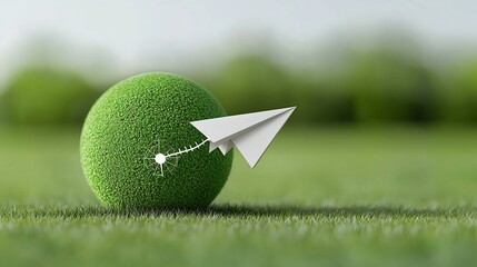 Aufkleber - Paper airplane in graceful flight circling a large green globe symbolizing clean energy and renewable technology solutions for a sustainable future  Concept of innovation progress