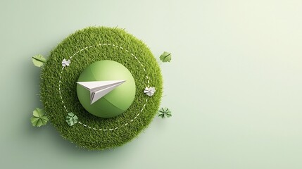Poster - Minimalist of a paper airplane gracefully circling a green planet symbolizing renewable energy and clean technology for a sustainable future world