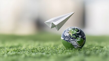 Leinwandbilder - Eco Friendly Paper Airplane Flying Around a Green Globe Representing Innovative and Sustainable Technology Solutions for a Cleaner Greener Future