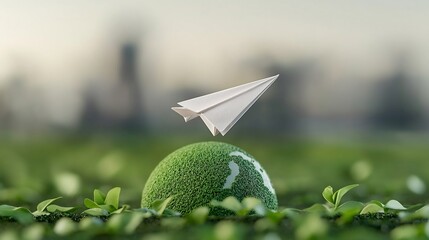 Poster - Paper Airplane Flying Around Green Earth Represents Eco Friendly Technology and Sustainable Solutions Concept  Creative Design Illustrating Innovation Renewable Energy and Environmental Conservation
