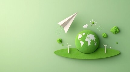 Aufkleber - Paper Airplane Soaring Over a Lush Green Planet Highlighting Concepts of Renewable Energy and a Sustainable Future for the Environment