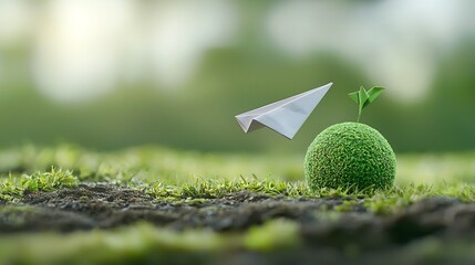 Leinwandbilder - Close up of a paper airplane orbiting a green planet symbolizing the innovative solutions and environmental technology advancements in the field of sustainable energy and eco friendly transportation
