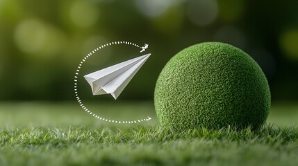 Aufkleber - A paper airplane effortlessly circling a large green planet representing the sustainable and eco friendly future of clean energy technology