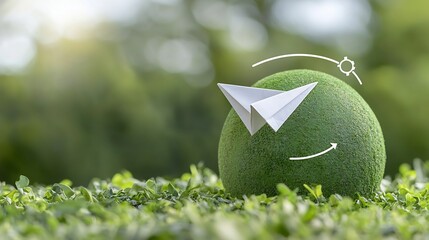 Aufkleber - Close up view of a white paper airplane gracefully circling a large green planet symbolizing sustainability clean energy technology and innovative solutions for the future