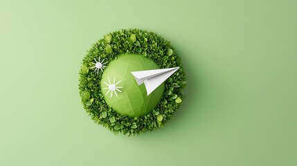 Aufkleber - White paper airplane gracefully flying around a vibrant green earth symbolizing the concept of clean technology renewable energy solutions and global sustainability for a better future