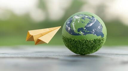 Aufkleber - Conceptual image of a paper airplane gracefully encircling a large green earth promoting eco friendly energy and sustainable solutions for a better future