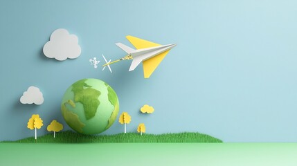 Poster - Conceptual image of a paper airplane orbiting around a green planet showcasing the power of renewable energy and clean technology solutions for a sustainable future