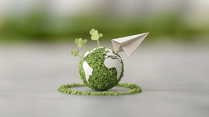 Poster - Sustainable Paper Plane Circling Green Globe Representing Alternative Energy Solutions and Circular Economy Concepts for a Cleaner Greener Future