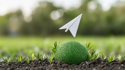 Aufkleber - Paper airplane gracefully flying around a large green earth symbolizing clean technology and a sustainable future  This 3D digital represents innovation environmental awareness and a greener