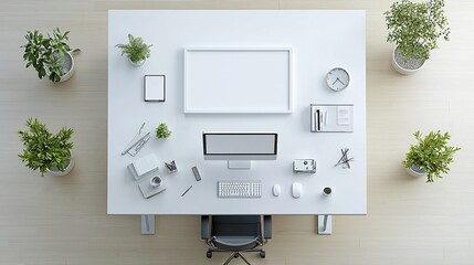 Poster - Overhead view of a minimal and modern office workspace with an ISO A size paper frame mockup displayed on the wall surrounded by a professional setup of desk computer laptop
