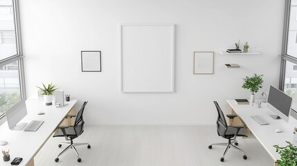 Poster - Overhead view of a modern minimalist office workspace with a frame mockup displayed on the wall and a professional organized desk setup with various documents and equipment
