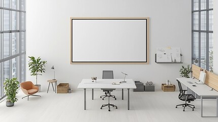 Poster - Minimalist and Organized Interior Scene with Frame Mockup Displayed on Wall and Modern Office Workspace Setup Viewed from Above