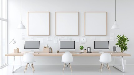 Poster - Overhead View of Organized Office Workspace with Frame Mockup Displayed on Wall in Sleek Contemporary Interior