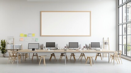 Leinwandbilder - Overhead View of an Organized and Minimalist Modern Office Workspace Featuring a Frame Mockup Displayed on the Wall with Multiple Computers and Technology Devices on a Long Desk