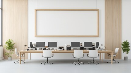 Poster - Minimalist frame mockup displayed on a stylish room wall and an aerial view of an organized office desk featuring multiple computers and other workspace equipment in a clean contemporary setting