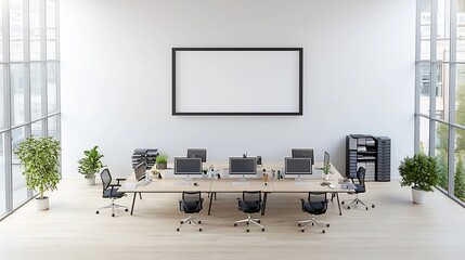 Poster - Minimalist frame mockup showcased on a stylish wall in an elegant room  Aerial perspective of a well organized office desk with multiple computers and digital devices