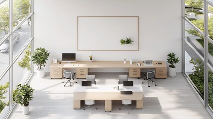 Poster - Sleek and modern interior frame mockup with a poster on the wall showcased in an aerial view of a professional and minimalist 3D rendered workspace setup complete with laptop desk and furniture