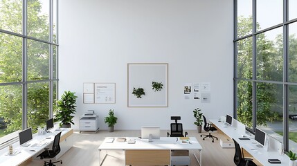 Poster - Minimalist interior frame mockup with poster on wall and aerial view of a professional modern workspace setup in a 3D rendered scene  Clean simple and stylish design for product display presentation