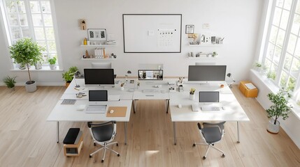 Poster - Wall poster mockup displayed in a modern interior with a house decor background  Organized workspace setup with multiple computers viewed from above