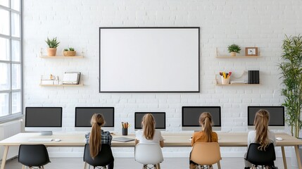 Poster - Wall poster mockup in a clean modern interior with minimalist home decor and an organized workspace with multiple computers viewed from above