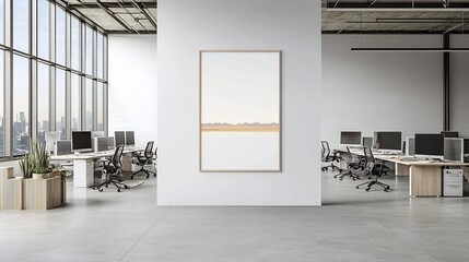 Poster - Wall poster mockup displayed in a modern interior with a house decor background and an organized workspace featuring multiple computers from an overhead view