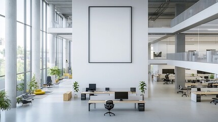 Poster - Spacious and organized 3D rendered office workspace with a poster frame on the wall showcasing a top down view of a minimalist and professional work environment
