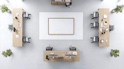 Poster - Minimalist and modern 3D rendered interior mockup of a spacious and organized office workspace with a poster frame hanging on the wall