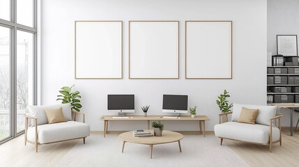 Poster - Minimalist and Cozy Home Office Workspace in 3D Render With Aerial View of Organized Desk Setup and Equipment for Productive and Collaborative Work Environment