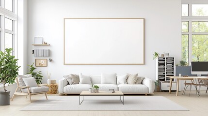 Poster - Elegant Wall Poster Mockup Showcasing a Cozy Home Interior with Modern Furniture and Decor Alongside an Aerial View of an Organized and Efficient Office Workspace with Computers in a 3D Rendered
