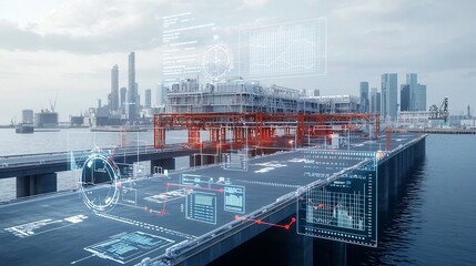Aufkleber - Industrial pier view with a network of floating business nodes and data charts against a city skyline showcasing a futuristic technology driven urban environment for finance analysis