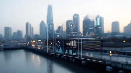Leinwandbilder - Futuristic industrial pier view with a network of floating business nodes and data charts against a modern city skyline representing technology innovation