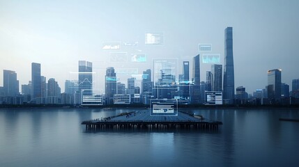 Leinwandbilder - Futuristic view of a pier with a global communications network and floating 3D data charts in front of a large industrial toned cityscape  This image represents technological advancement