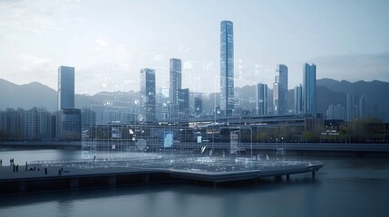 Poster - Aerial view of a futuristic pier with a network of floating business nodes and data graphs hovering above the modern cityscape