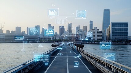 Leinwandbilder - Aerial view of a futuristic pier with a network of floating business nodes and data graphs against the backdrop of a modern high tech city skyline  This image represents the future of technology