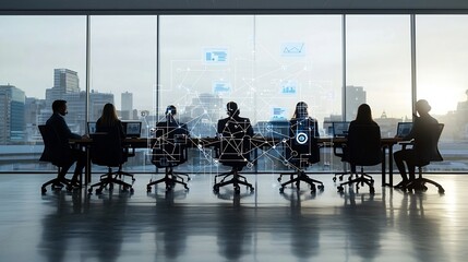 Poster - Silhouetted team of business professionals collaborating and strategizing at a conference table surrounded by interconnected digital analysis tools and business nodes