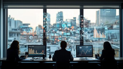 Poster - Silhouetted business professionals in a meeting by the window surrounded by floating digital graphs and a global network in the background representing collaborative data analysis strategic planning