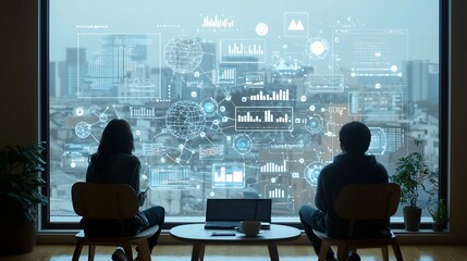 Leinwandbilder - Futuristic window meeting in silhouette with a global network of nodes and floating data analysis graphs representing technology innovation and business strategy