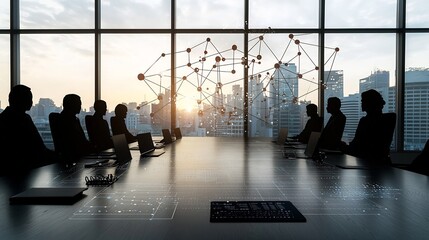 Poster - Silhouetted business team standing around conference table analyzing interconnected 3D data graphs and network visualizations by the window in a modern office setting