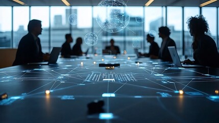Poster - A group of silhouetted business professionals gathered in a conference room setting surrounded by digital analysis tools and a global interconnected network floating around