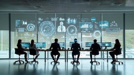 Fototapete - A team of silhouetted business executives standing by a floor to ceiling window surrounded by a multitude of digital interfaces holograms and futuristic technology