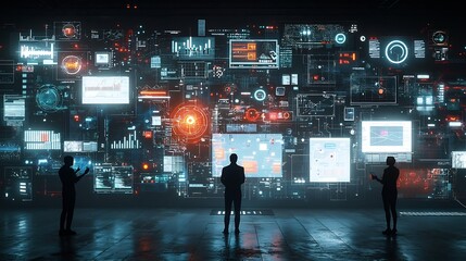 Leinwandbilder - Collaborative cyberpunk inspired setting with silhouetted figures surrounded by floating interactive data visualization graphs and global communication visuals showcasing a futuristic