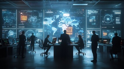 Fototapete - Silhouetted profiles of business professionals engaged in a global meeting set against a futuristic digital environment with interconnected nodes and holographic projections